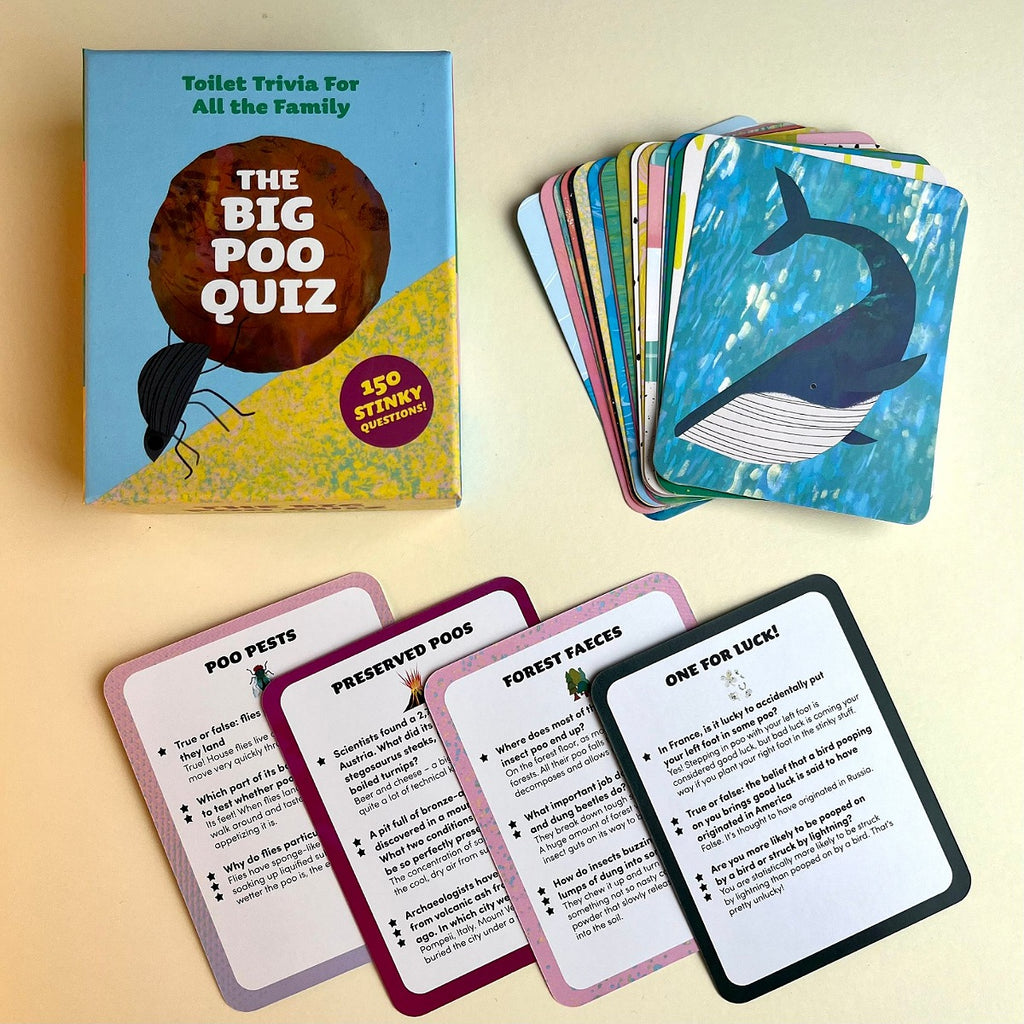 Card game titled 'The Big Poo Quiz' toilet trivia for all the family, with various quiz cards displayed on a beige background