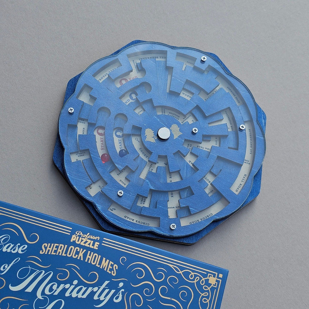 Blue maze puzzle with Sherlock Holmes theme on a grey background