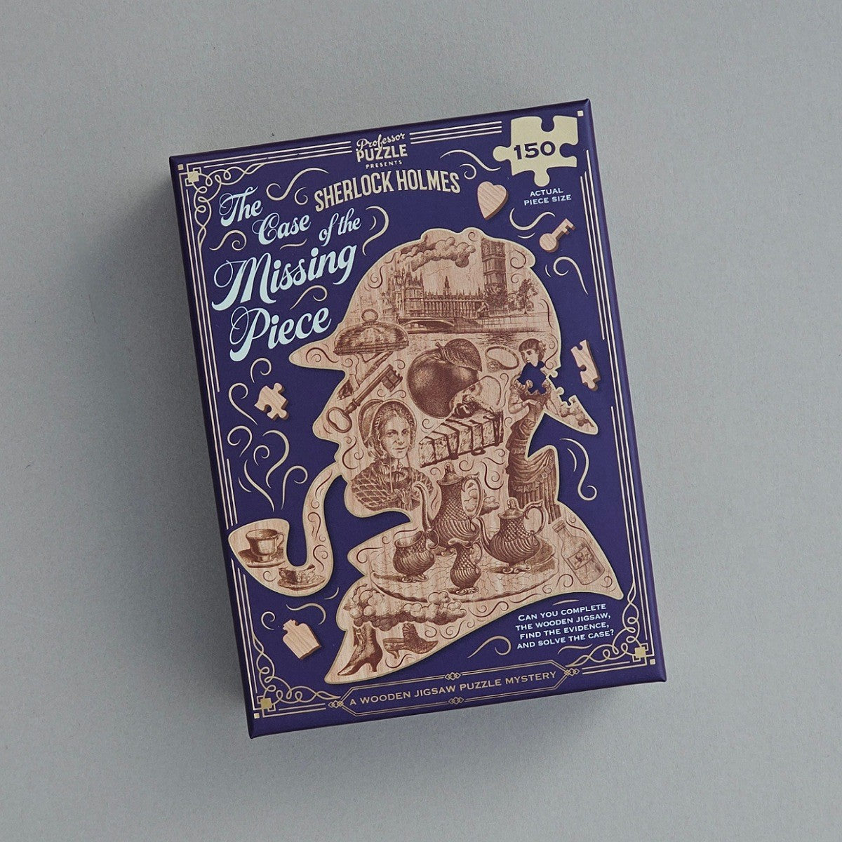 Jigsaw puzzle box featuring Sherlock Holmes design on a grey background