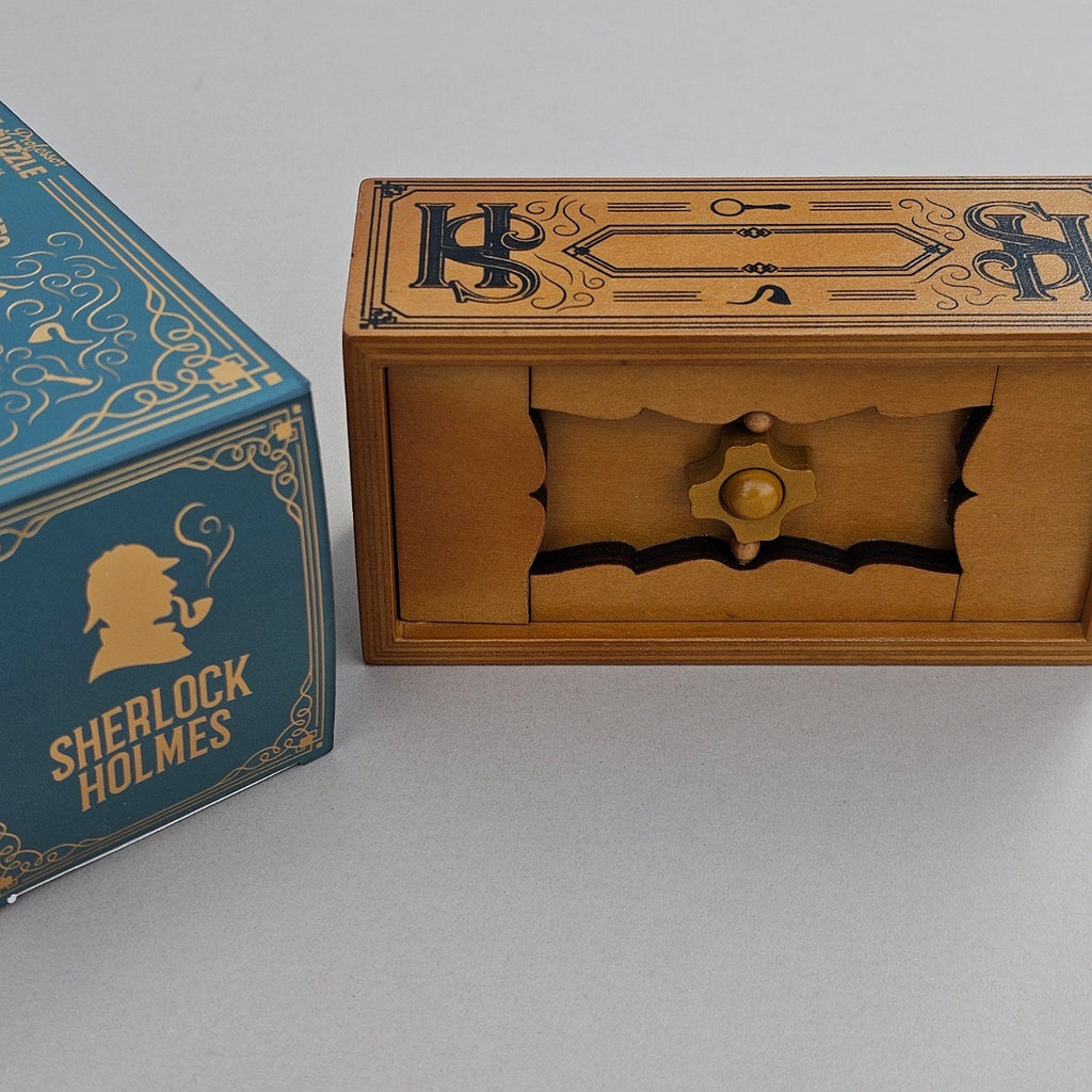 Wooden box with Sherlock Holmes branding on a grey background