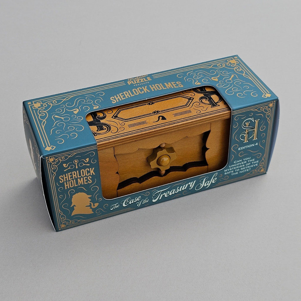 Wooden puzzle box with 'Sherlock Holmes' branding on a grey background