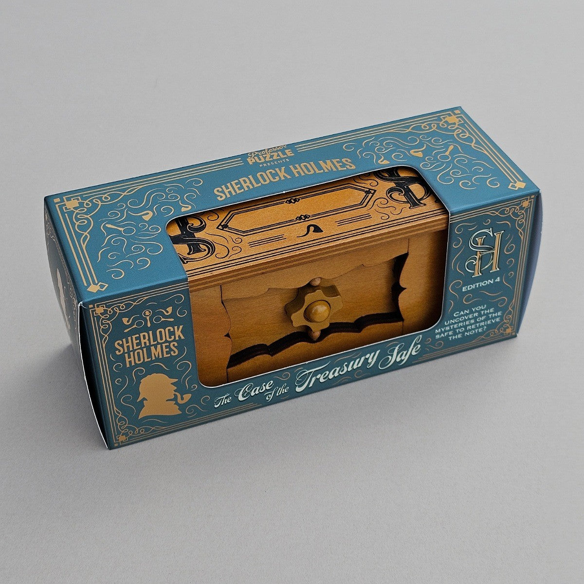 Wooden puzzle box with 'Sherlock Holmes' branding on a grey background