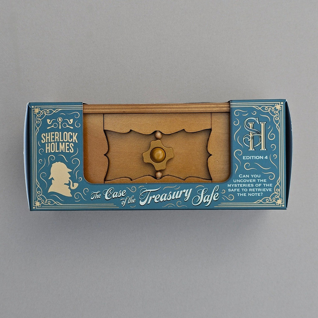 Sherlock Holmes game box with wooden safe design on a grey background