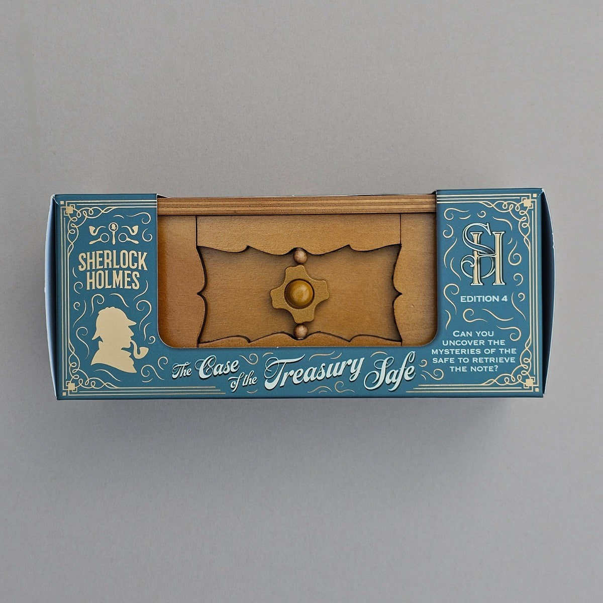 Sherlock Holmes game box with wooden safe design on a grey background