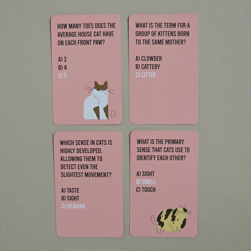 Four pink trivia cards about cats arranged in a 2x2 grid on a flat gray surface. The cards feature black text with multiple-choice questions, one with a cat illustration and one with a cat face illustration.