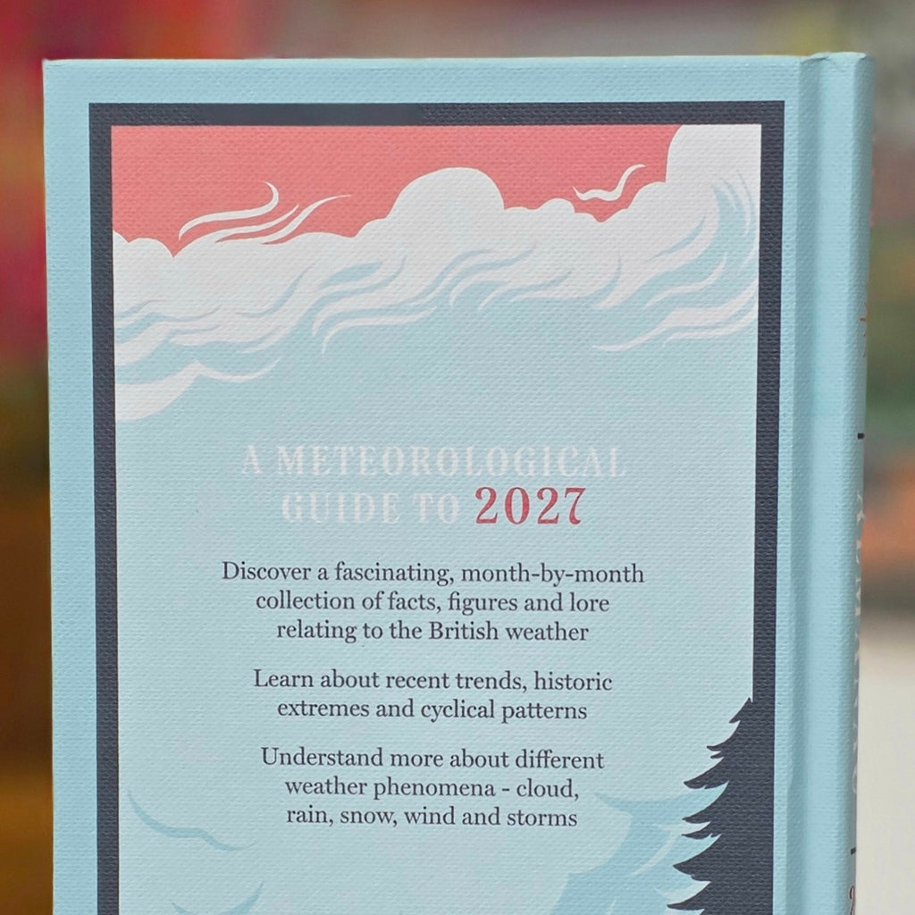 A close-up of a book cover titled 'A Meteorological Guide to 2027' with a light blue background, a coral sky illustration, and weather-related text.