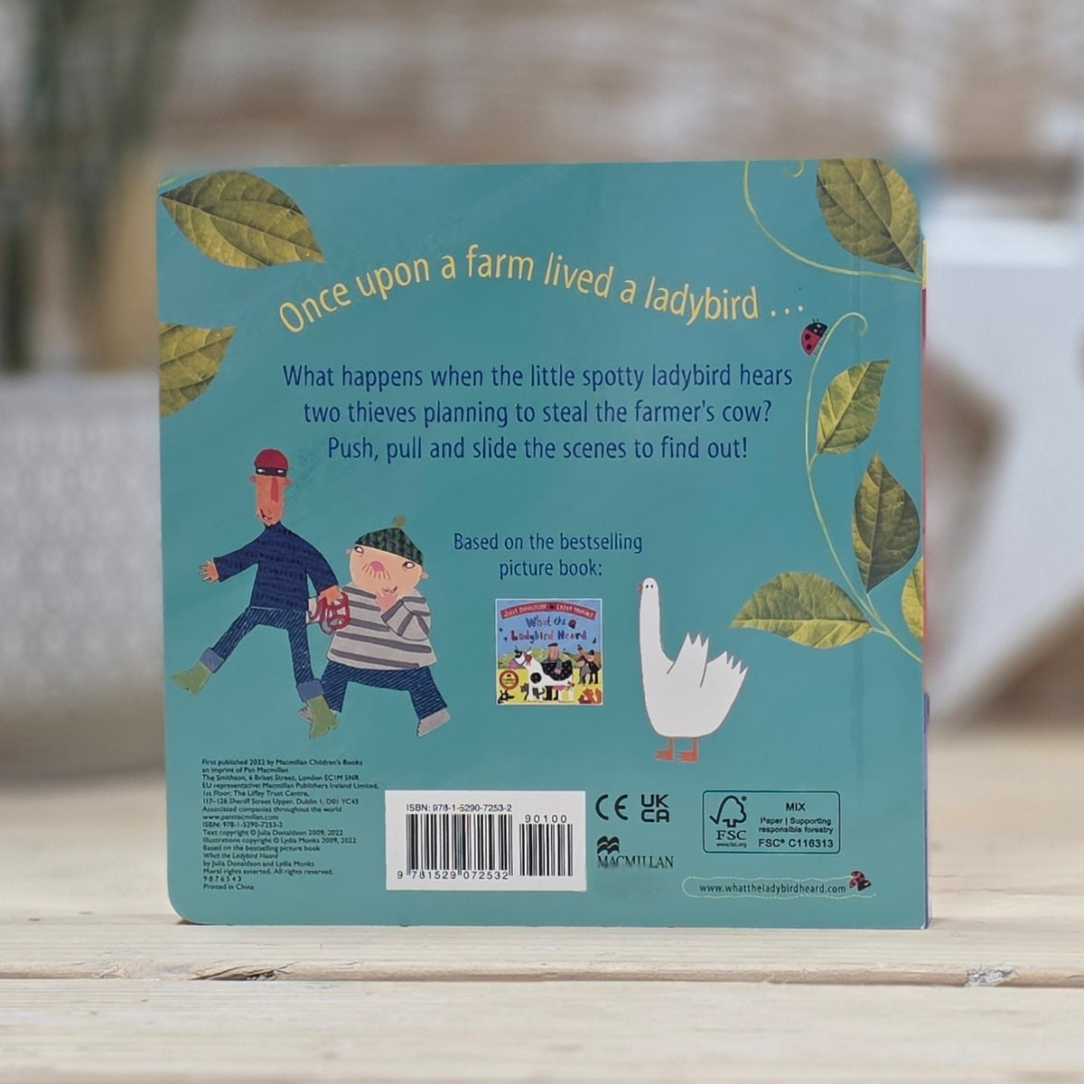 The back cover of a children's picture book titled 'Once upon a farm lived a ladybird.
