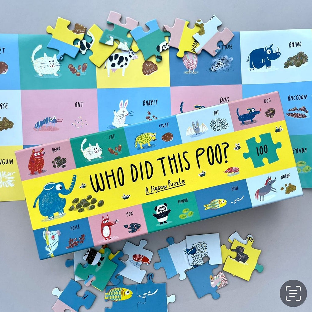 Children's 100 piece jigsaw puzzle 'Who Did This Poo?' with animal illustrations on a grey background