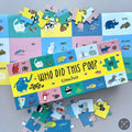 Children's 100 piece jigsaw puzzle 'Who Did This Poo?' with animal illustrations on a grey background