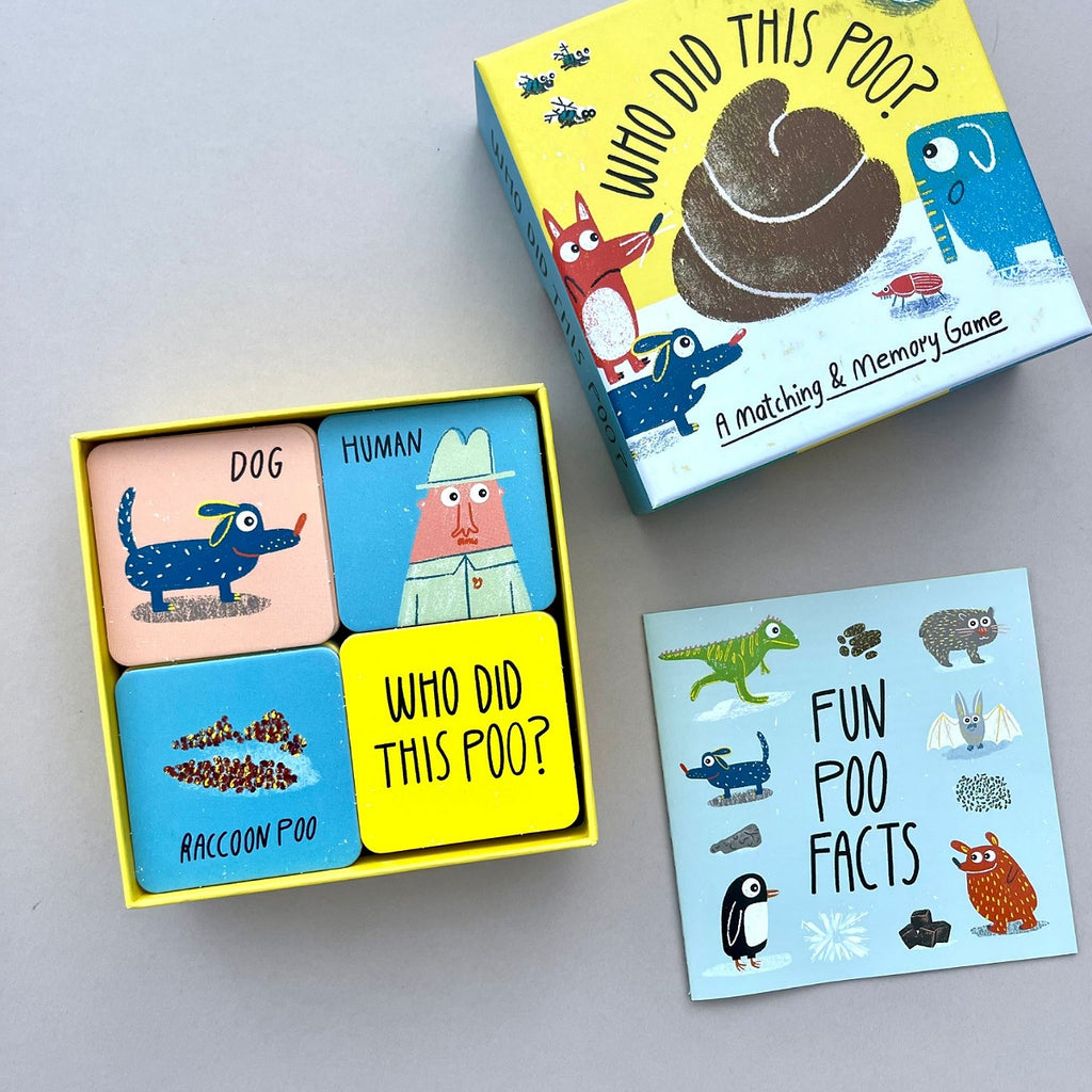 Children's game set with 'Who Did This Poo?' theme on a grey background