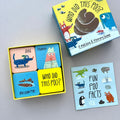 Children's game set with 'Who Did This Poo?' theme on a grey background