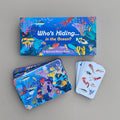 Children's educational game set with 'Who's Hiding in the Ocean?' theme on a grey background