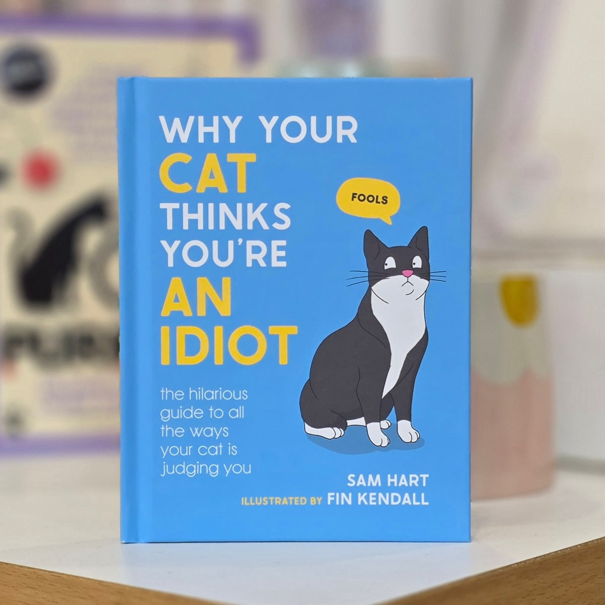 The book 'Why Your Cat Thinks You're An Idiot' by Sam Hart, illustrated by Fin Kendall, standing upright on a wooden surface with a blurred background.