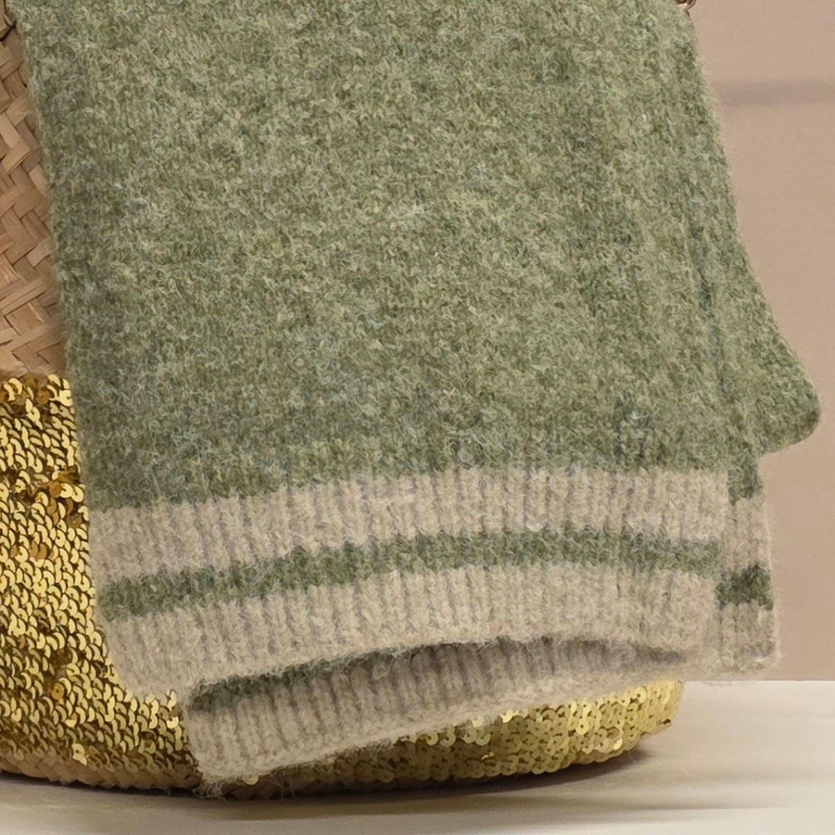Wool Blend Scarf in Moss Green and Cream