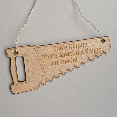 'Dad's Garage' Wooden Saw Hanging Sign