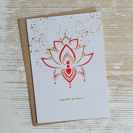 'Happy Diwali' Red And Gold Flower Card